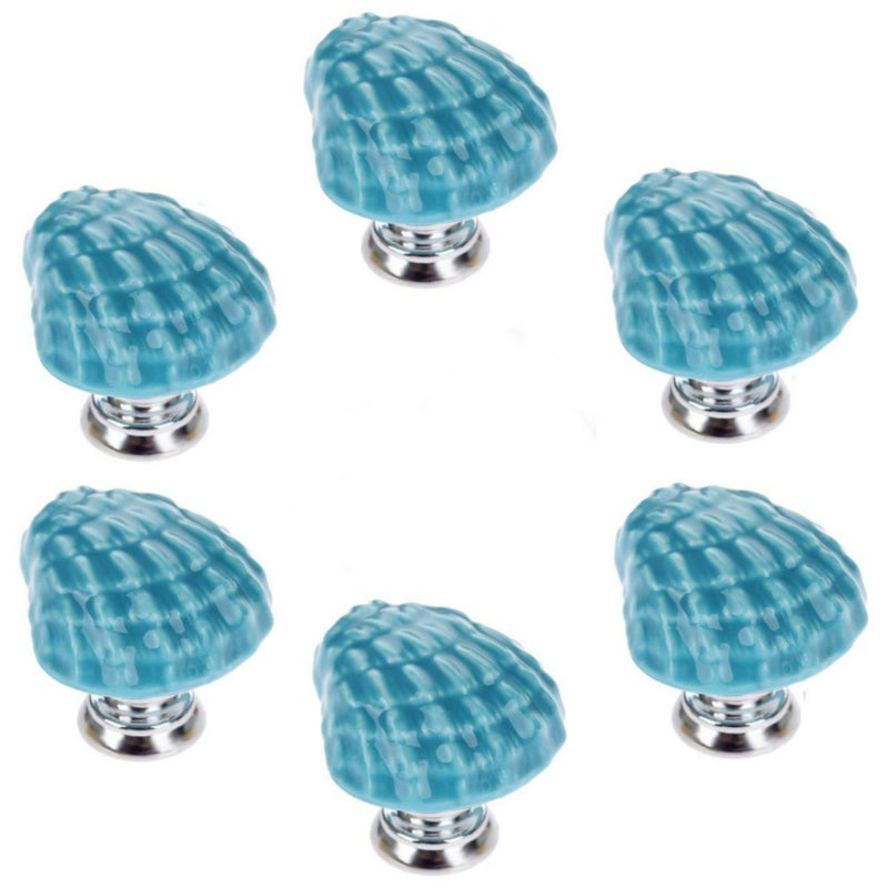 Joyindecor Ceramic Seashell Nautical Drawer Pulls Handles for Kitchen Cabinet Dresser Cupboard Wardrobe, Beach/Ocean Theme Knobs Coastal Dreseer Knobs, Pack of 6 (Blue) - Image 1